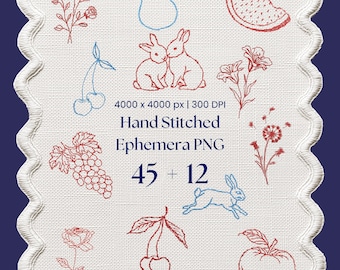 Bestickter Stil Coquette Ephemera Clipart Bundle - 135 Blumenfrucht Kaninchen Clip Art, Bonus Leinen Texturen, Scrapbooking, Kinderzimmer Dekor DIY
