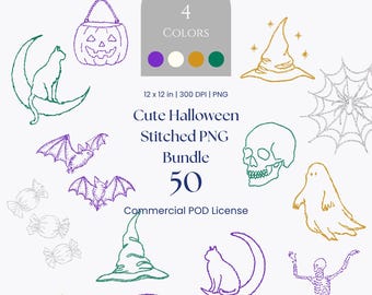 Niedliches Halloween genähtes PNG-Bundle, Faux Stickerei Gruseliger Geist Kürbis Hexenhut Sublimation Clipart, trendige Kokette Herbstästhetik