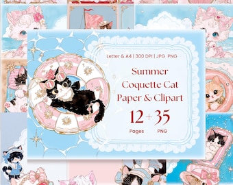 Kokette Sommer Katze Clipart & Digitales Papier Bundle, Süße Rosa Kätzchen PNG, Y2K Ästhetische Retro Sommer Strand Pool Party, Kawaii Katzenpapier