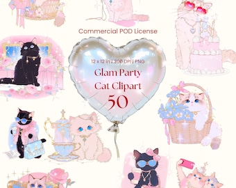 Coquette Glam Cat Clipart Bundle - 50 Pastellfarbene & schwarze Luxus Katzen Grafiken für Print on Demand, Geburtstagsfeier, Planer