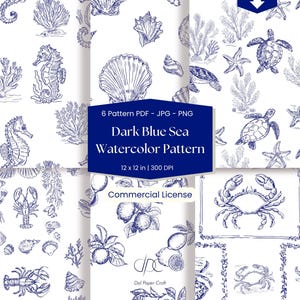 May include: A digital download featuring six dark blue watercolor patterns on a white background. The patterns include sea creatures like seahorses, starfish, and crabs, along with lemons and seashells. The image text reads "Dark Blue Sea Watercolor Pattern".