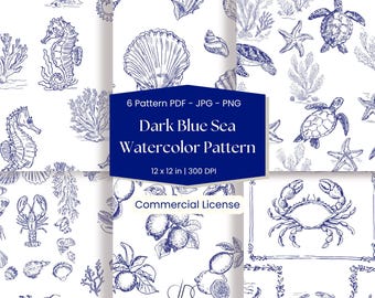 Dunkelblaue Küsten nahtlose Toile de Jouy Muster, Nautical Digital Paper Pack, Navy Sea Schildkröte Shell Zitrone Hummer Muster