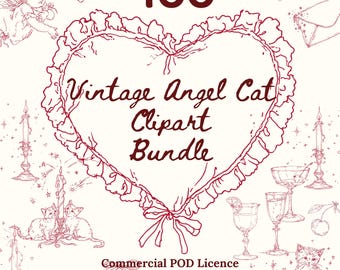 Vintage Engel Katze Clipart PNG | Red Line Art Coquette Illustrationen | Romantische Grafik für Sticker, Scrapbook & POD