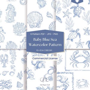 Baby Blue Sea Watercolor Seamless Patterns, Coastal Nautical Digital Paper, Blue Shells Seahorse Turtle Crab Lemon Designs