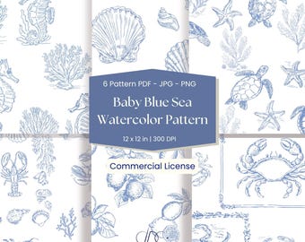 Baby-Blau-Meer-Aquarell-nahtlose Muster, Küsten-nautisches digitales Papier, blaue Muschel-Seepferdchen-Schildkröten-Krabben-Zitronen-Designs