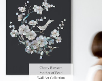 Perlmutt-Kirschblüten-Wandkunst, Chinoiserie-Digitaldruck-Set, irisierendes Blumenvogel-Poster, königliches schwarzes botanisches Dekor