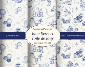 Blaues Dessert Häschen Toile Muster | Nahtlos Coquette Digital Papier 12x12 | Toile de Jouy Süßwaren Print für POD