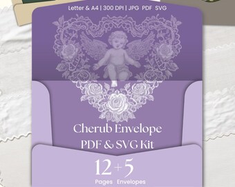 Cherub Envelope Snail Mail Kit, 12 Leinen Seiten 5 Envelope Templates Kit, Engel Himmel Spitze Herz, Rehkitz Junk Journal Papier