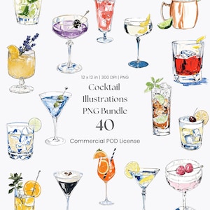 Puede incluir: Una colección digital de 40 ilustraciones de cócteles con diversas bebidas mezcladas en cristalería con guarniciones como lima, menta y cerezas. Texto: 12 x 12 in | 300 DPI | PNG, Cocktail Illustrations, PNG Bundle, 40, Commercial POD License.
