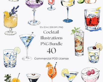 Aquarell Cocktail Clipart Bundle, 40 Getränke PNG Illustrationen für Abschlussfeier Schild, Mixology Hochzeitsmenü, Sommerbar Clipart