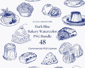 Dunkelblaue Bäckerei Clipart Bundle, 48 kokette Ästhetik Gebäck PNG, Vintage Skizze Dessert Grafiken, niedlicher Kuchen Aquarell Clip Art