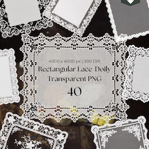 40 Rectangular Lace Doily PNG, Transparent Lace Frames Bundle, Vintage White Crochet Borders, High Res Digital Scrapbook Wedding Invitations