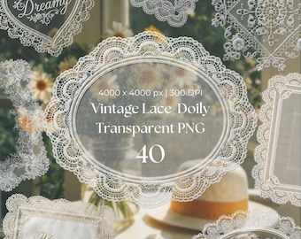 Vintage Spitzendeckchen PNG Bundle, transparente Spitze Rahmen Clipart, Kokette Ästhetik, Junk Journal, Scrapbook, Hochzeitseinladung Dekor