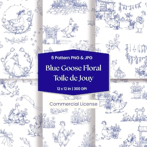 May include: Digital download of six patterns featuring blue line art of geese in various scenes, including floral arrangements and architectural elements. The patterns are 12 x 12 inches at 300 DPI. The text reads "Blue Goose Floral Toile de Jouy."