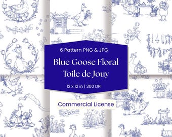 Blaue Gans Toile Muster | Nahtloser französischer Country Toile de Jouy | Vintage-Farm-Tier-Muster für Stoff, Tapete & POD