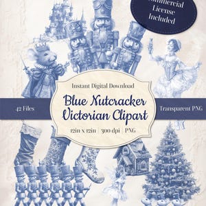Op de afbeelding: Digitale download van Blue Nutcracker Victorian Clipart met illustraties van notenkrakers, een kasteel, een muis, een ballerina en een kerstboom. De afbeelding is 30,48 cm x 30,48 cm.
