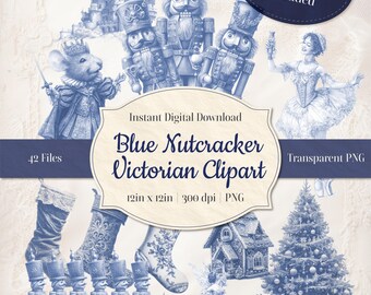 May include: Blue Nutcracker Victorian Clipart digital download featuring illustrations of nutcrackers, a castle, a mouse, a ballerina, a Christmas tree, and other holiday-themed elements. The image is 12in x 12in.