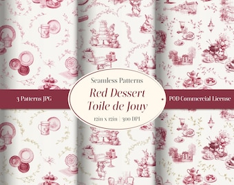 Rotes Dessert Häschen Toile Muster | Nahtlos Coquette Digital Papier 12x12 | Toile de Jouy Süßwaren Print für POD