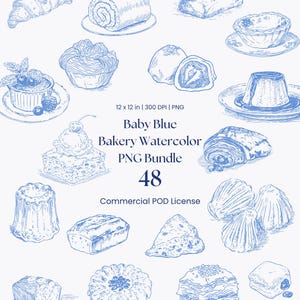 Baby Blue Bakery Watercolor Clipart PNG Bundle - 48 Monochromatic Colette Pastry Line Art, Aesthetic Bread Dessert Cake Mockup Graphics