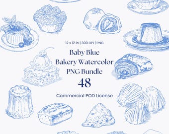 Baby Blue Bäckerei Aquarell Clipart PNG Bundle - 48 Monochrome Colette Gebäck Linie Kunst, ästhetisches Brot Dessert Kuchen Mockup Grafiken