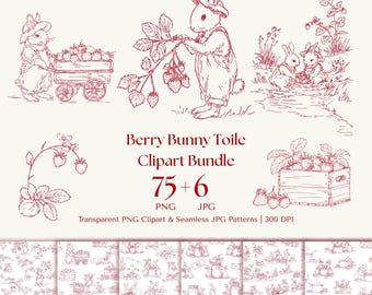 Rot Toile de Jouy Bunny Clipart und Muster, 75+ transparente PNG und 6 JPG für Cottage Core Junk Journaling, Kinderzimmer Dekor