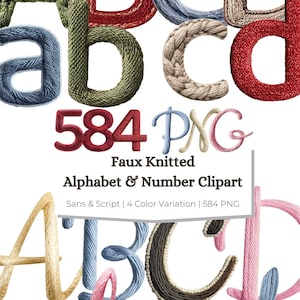 584 Alfabeto de Hilo Imitación PNG SVG / Letras y Números Tejidos !! Imágenes prediseñadas / Fuente Cozy Script, Sans / Conjunto de Letras de Hilo para Cricut, POD