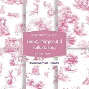 Pink Bunny Toile Pattern | Seamless Rabbit Toile de Jouy Digital Paper | Vintage Bunny Pattern for Fabric, Scrapbook & POD