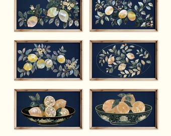 Samsung Frame TV Art Lemon Perlmutt | Chinoiserie Navy Blue Breitbild-TV-Tapete 4K UHD | Traditionelles koreanisches Najeonchilgi