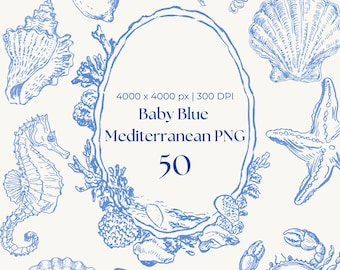 Baby Blau Mittelmeer Clipart 50 PNG - Küsten Hochzeit Illustrationen, Nautische Aquarell Line Art, Sommer Zitrone & Sea Life Grafiken