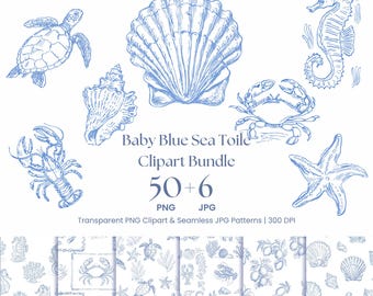 Baby Blau Meer Toile Clipart & Seamless Pattern Bundle - Nautische PNG-Grafiken, Mediterrane digitale Papiere, Kinderzimmer Dekor