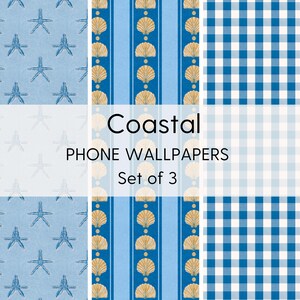 Blue Coastal Phone Wallpaper Bundle – Gingham Stripe Shell Starfish Summer iPhone Backgrounds, Digital Download