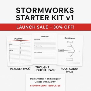 May include: The Stormworks Starter Kit v1 is displayed, featuring a planner, thought journal, and root cause pack. The image includes the text "Launch Sale - 30% Off!" and "Plan Smarter + Think Bigger Create with Clarity Stormworks Templates."