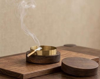 Cenicero de madera de nogal con tapa, revestimiento de acero inoxidable resistente al viento, decoración minimalista.