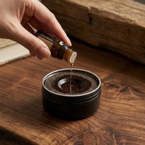 May include: A hand pours essential oil from a small brown bottle labeled "Cedrus Atlantica" into a black container with a wooden insert. The oil streams down into the container, which sits on a wooden surface.