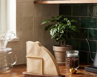 Soporte para filtros de café de nogal y latón – Organizador de madera maciza para cafeteras de goteo, decoración para bares de café