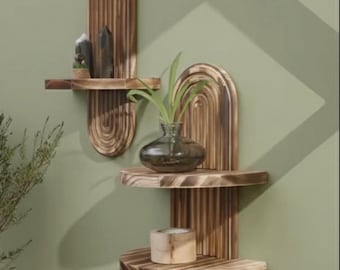 Estante de pared de madera tallada con forma de arco – Madera maciza con acabado flameado, expositor de plantas de estilo bohemio