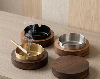Cenicero de madera de nogal con tapa, revestimiento de acero inoxidable resistente al viento, decoración minimalista.