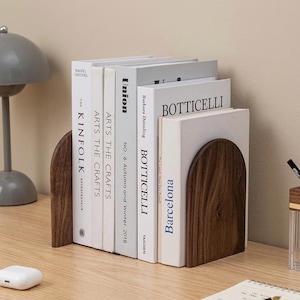 Sujetalibros de madera natural, organizador de escritorio minimalista de bambú, decoración moderna escandinava para el hogar.