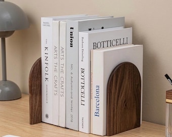Sujetalibros de madera natural, organizador de escritorio minimalista de bambú, decoración moderna escandinava para el hogar.