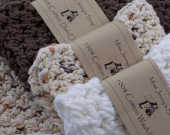 Three WASHCLOTHS Handmade | Crocheted With Love | Cotton Wash Cloth | Stocking Stuffer | Brown | White | Hostess Gift | Gift for Baby & Mom