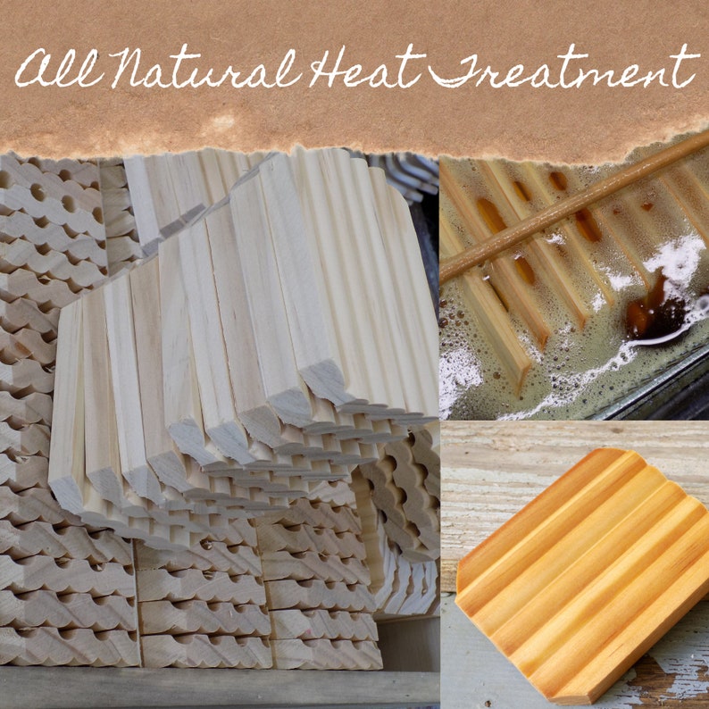 May include: Close-up of wooden soap dishes with a grooved design. The soap dishes are stacked on top of each other. The image also shows a wooden soap dish in a bath of water, and a single wooden soap dish on a wooden surface. The text "All Natural Heat Treatment" is visible at the top of the image.