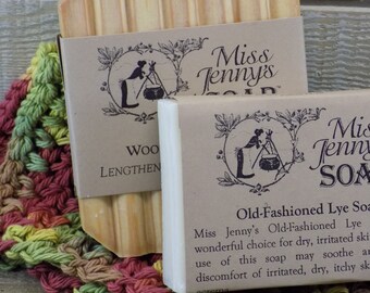 Old Fashioned Lye Soap Trio: Crochet Washcloth & Wooden Soap Saver