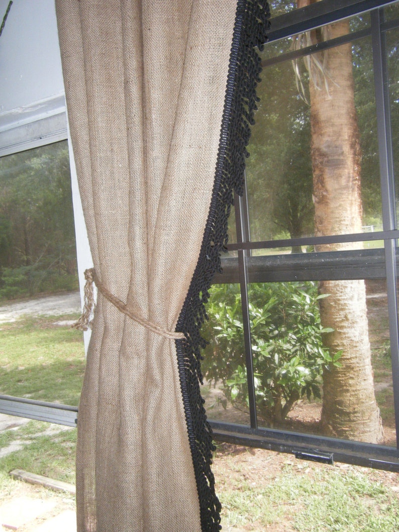 Burlap Curtain with Bullion Fringe and jute tieback 'THE Etsy
