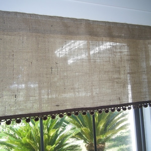 Burlap Window Valance with Choice of Trim, Many widths from 24" - 84"  Wide  X 16" Long, 'The DeSoto' by Jackie Dix