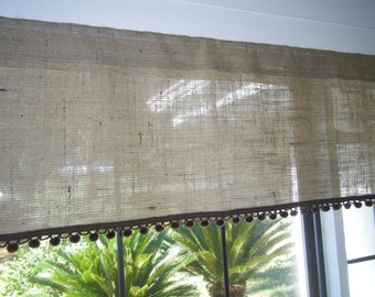 Burlap Window Valance with Choice of Trim, Many widths from 24" - 84"  Wide  X 16" Long, 'The DeSoto' by Jackie Dix