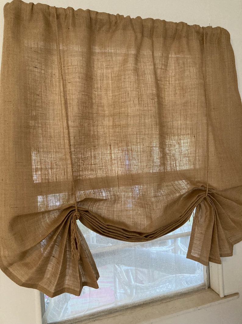 Burlap Window Shade, 'The Key West' with fringed jute ties, 3 widths, 42L,for single windows by Jackie Dix image 1