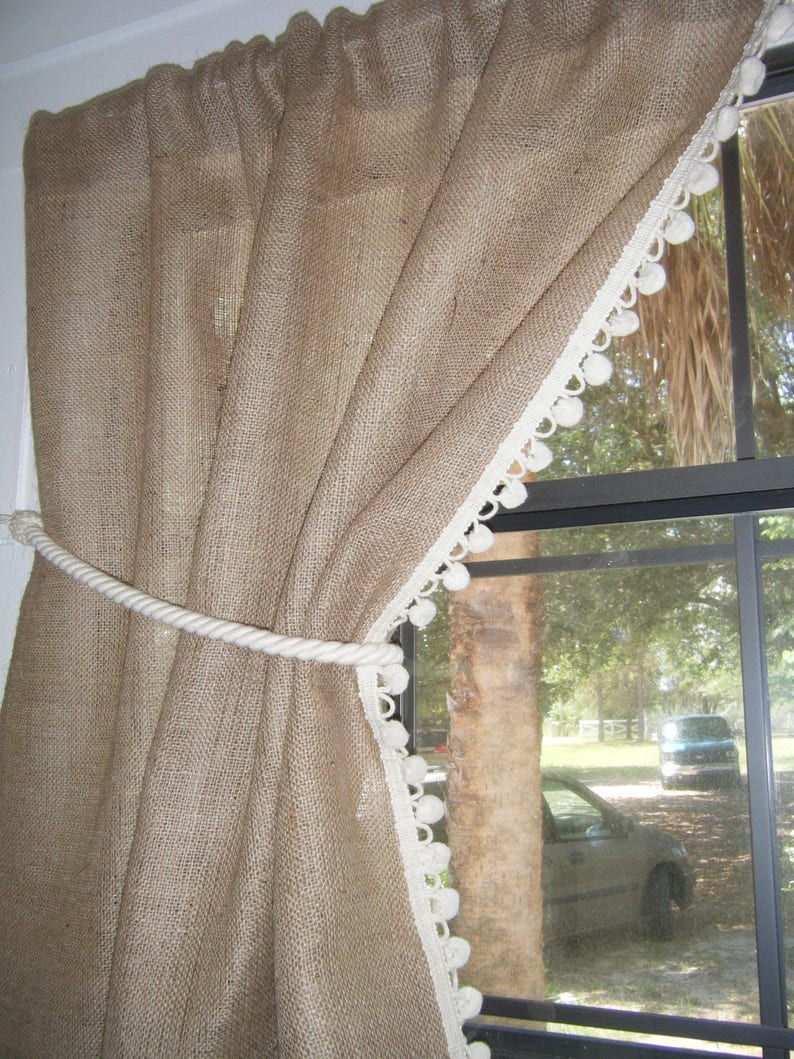 Burlap Curtain with Pom Fringe 56 wide x 36-96 long by Jackie Dix
