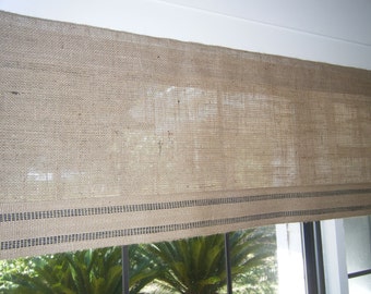 Burlap Window Valance with Black or Red Striped Jute Band, 4 widths from 42"- 84" W X 16"L, 'The Daytona' by Jackie Dix