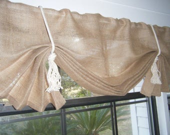 Burlap Window Valance, 42"- 96" W X 14"L or Custom Size , Cotton Rope ties available in 6 colors, 'The LIL HEMINGWAY in BURLAP'