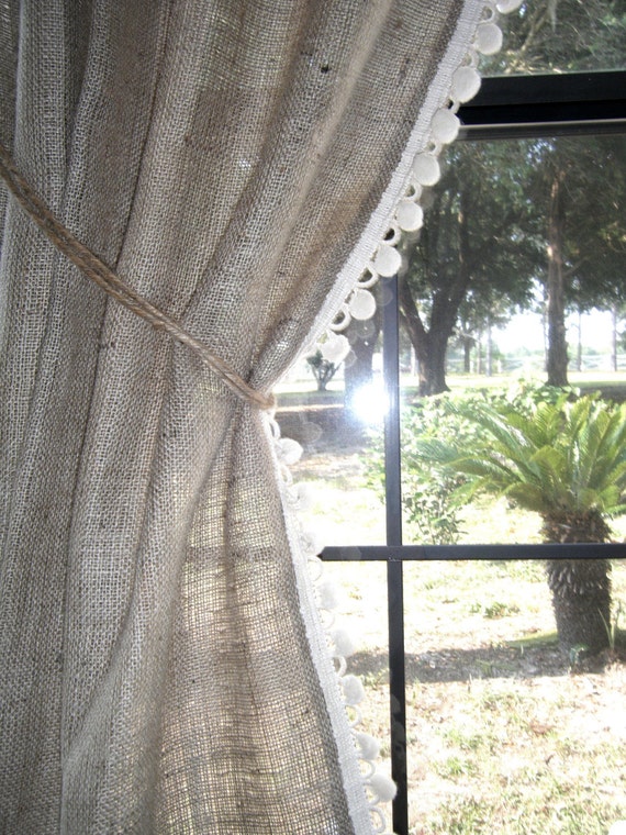 Burlap Curtain With Pom Fringe 56 Wide X 36 Etsy